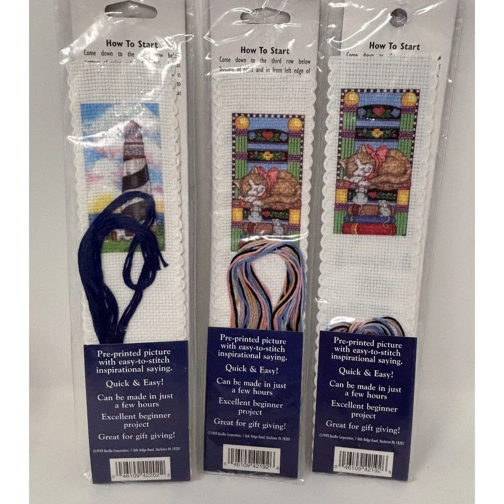 Vintage Bucilla Cross Stitch Bookmark Kits 1-Cat 2-Lighthouse Lot Of 3 Sealed